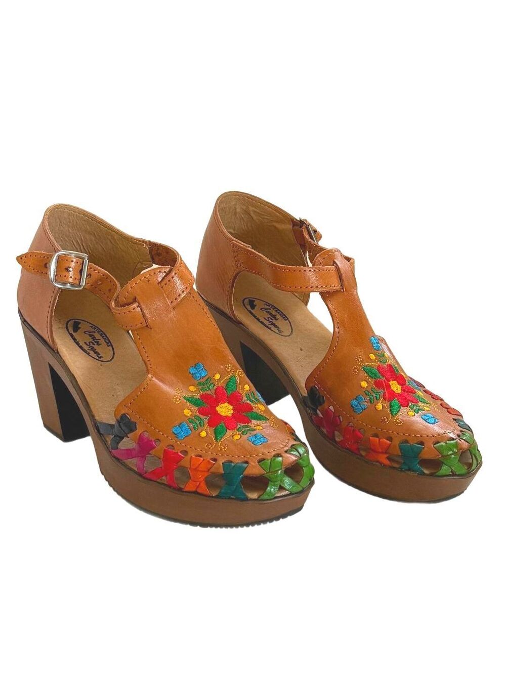 Vintage Carlos Segarra Leather Floral Embroidered T Strap Platform Heels Mexico